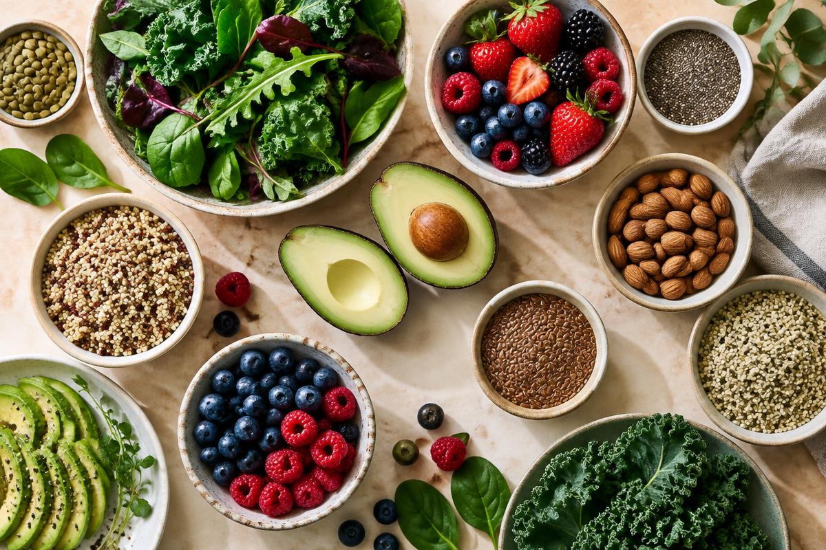 A colourful spread of nourishing whole foods